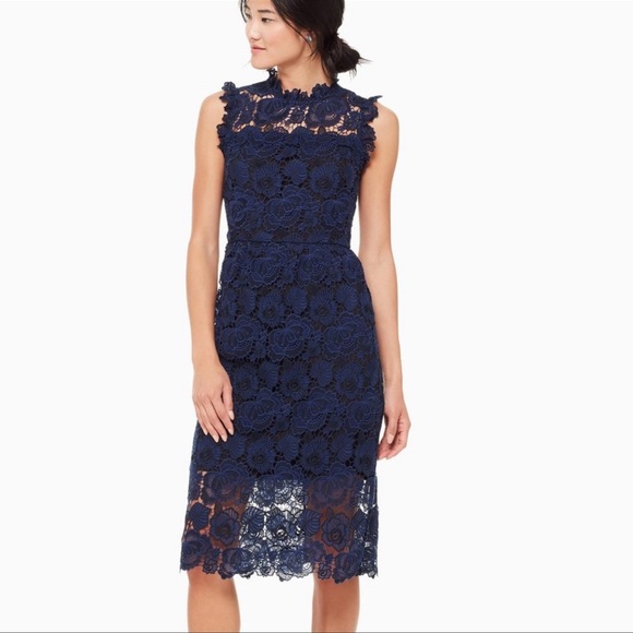 kate spade Dresses & Skirts - Kate Spade Adriatic Blue Bi-Color Navy Blue Midi Scalloped Lace Dress Size 12